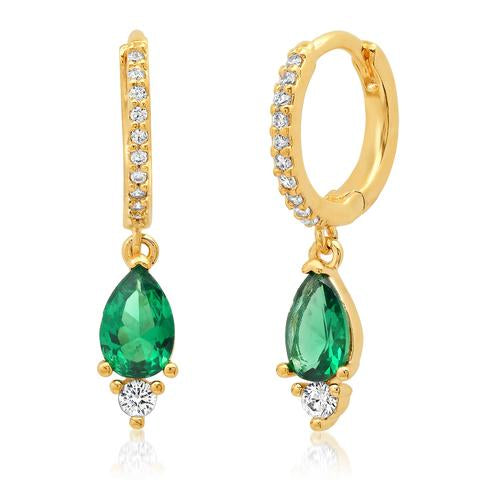 PAVE CZ HUGGIES WITH EMERALD AND CZ DROPS EARRING