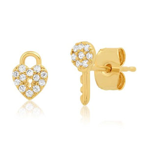 PAVE CZ HEART LOCK AND KEY STUDS EARRINGS